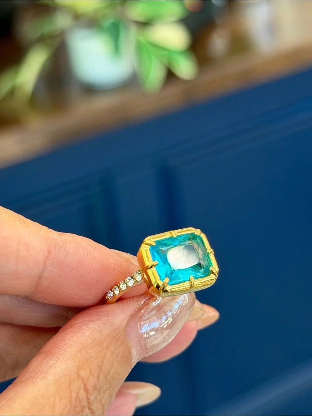 New Vintage-Inspired Emerald Cut Ocean Blue Gemstone Cocktail Ring 7